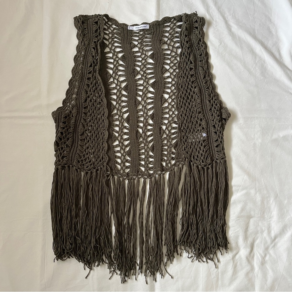 NWOT Boho Olive Green Bohemian Y2K Fringed Crochet Vest Top